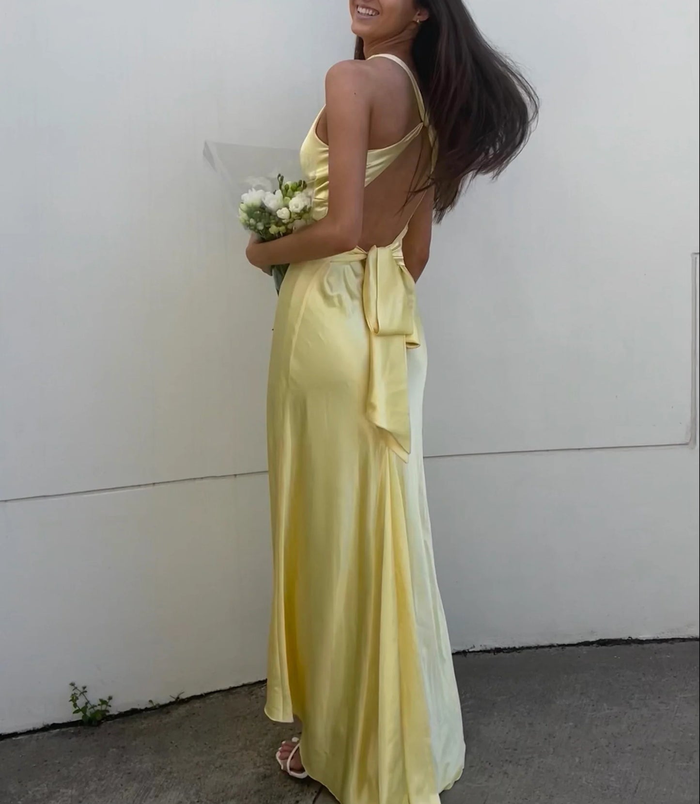 Yellow V-neck backless fashion elegant long satin ball gown evening dress wedding guest party dress nv2013