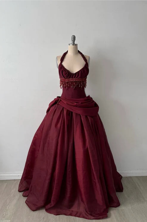 Halter Sleeveless Burgundy Satin Maxi Dress | Luxury Elegant Tassel Waist Ball Gown for Gala Ball NV6299