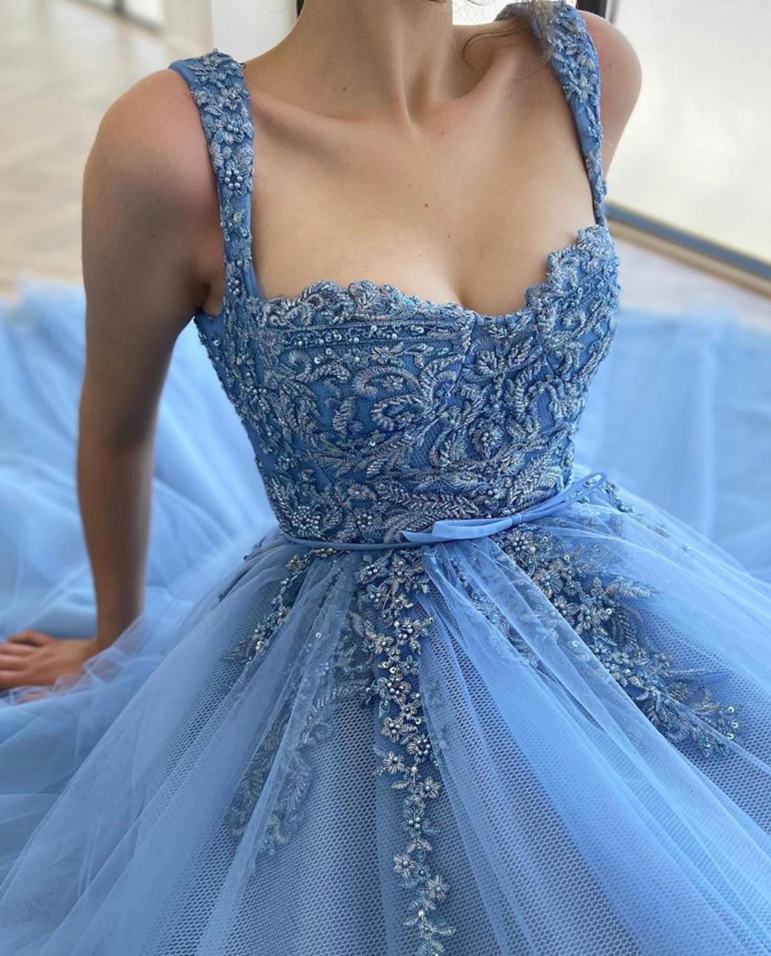 Exquisite 3D Flowers Beads Blue Long Prom Dresses Sweetheart Tulle Bow Sash Floor Length Evening Gowns nv1641
