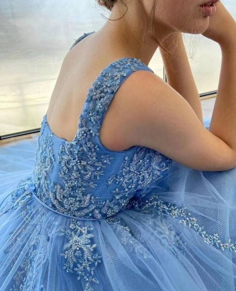 Exquisite 3D Flowers Beads Blue Long Prom Dresses Sweetheart Tulle Bow Sash Floor Length Evening Gowns nv1641