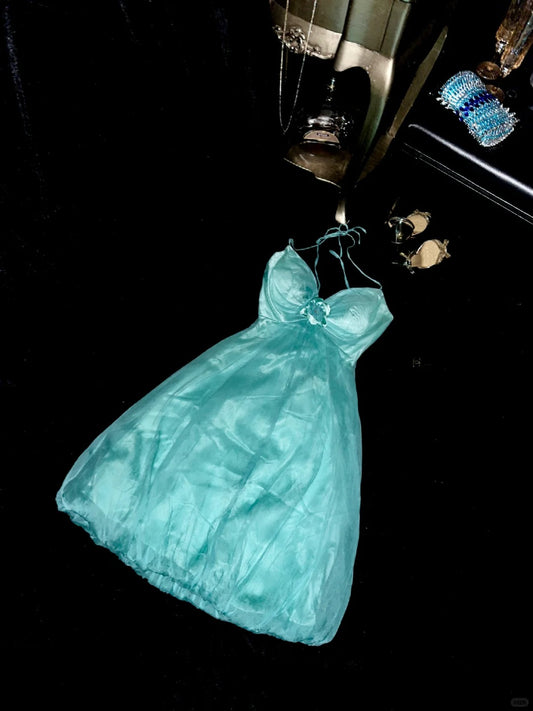 Mint Green Floral Halter Short Satin Tulle Homecoming Dress Evening Dress Birthday Party Dress nv4689