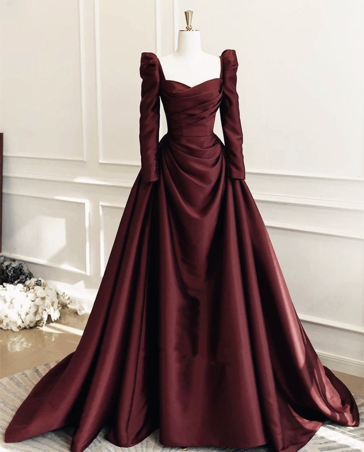 NiceVestidos – Langärmeliges, burgunderrotes, bodenlanges Satin-Ballkleid NV6062