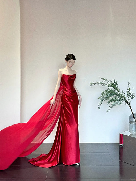 Red Fashionable Gorgeous Elegant Exquisite Long Satin Mermaid Floor-length Tail Ball Gown Evening Gown Wedding Dress nv4057