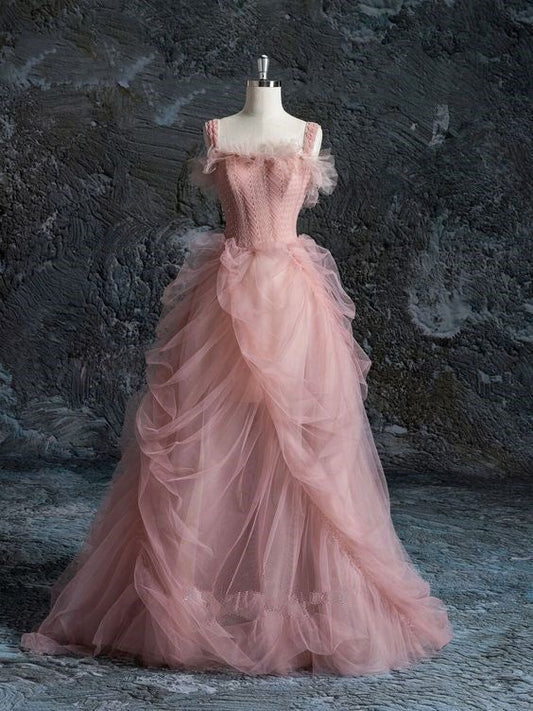 Pink Fashion Elegant Strapless A-line Long Tulle Princess Fairy Formal Prom Party Dress Evening Gown nv3630