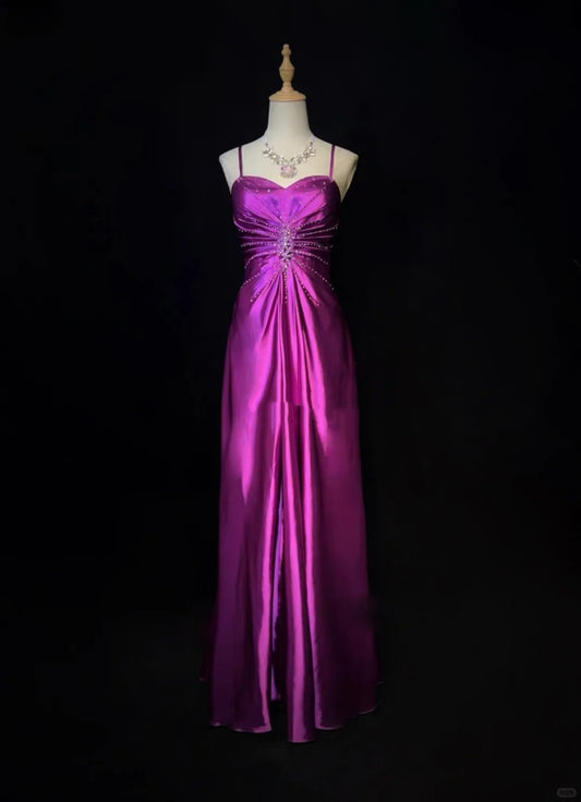 Purple Beaded Elegant Long Satin Prom Dres Evening Dress nv4929