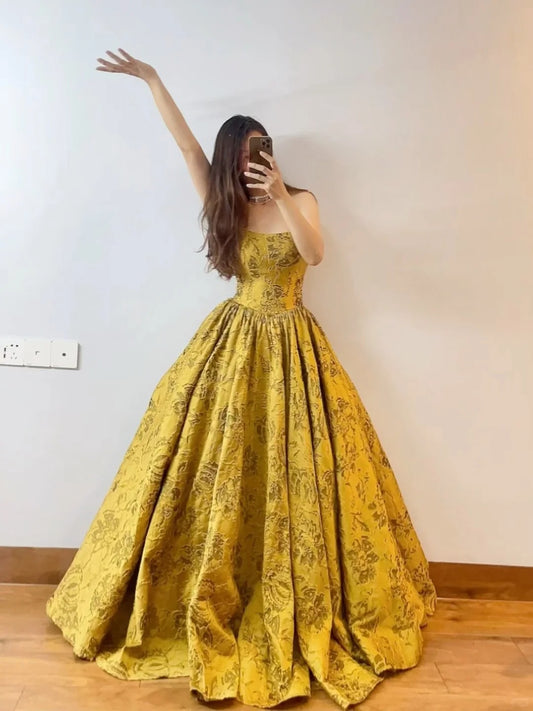 Gold Fashion Elegant Vintage Long Satin Ball Gown Evening Dress nv4774