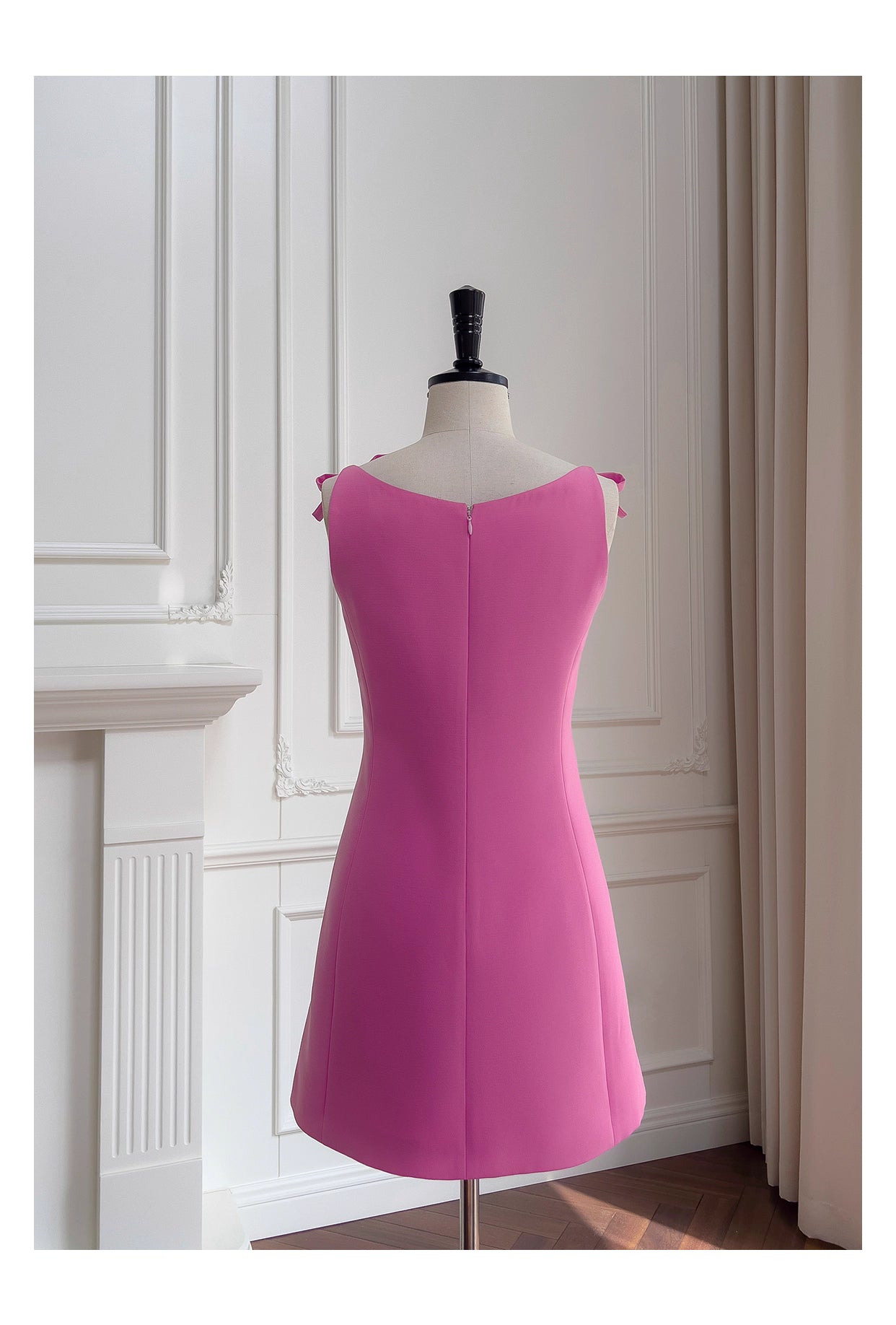 NiceVestidos-Short Homecoming Dress Simple Short Bow Suspender Dress Waist Rose Red Petite Date nv5550