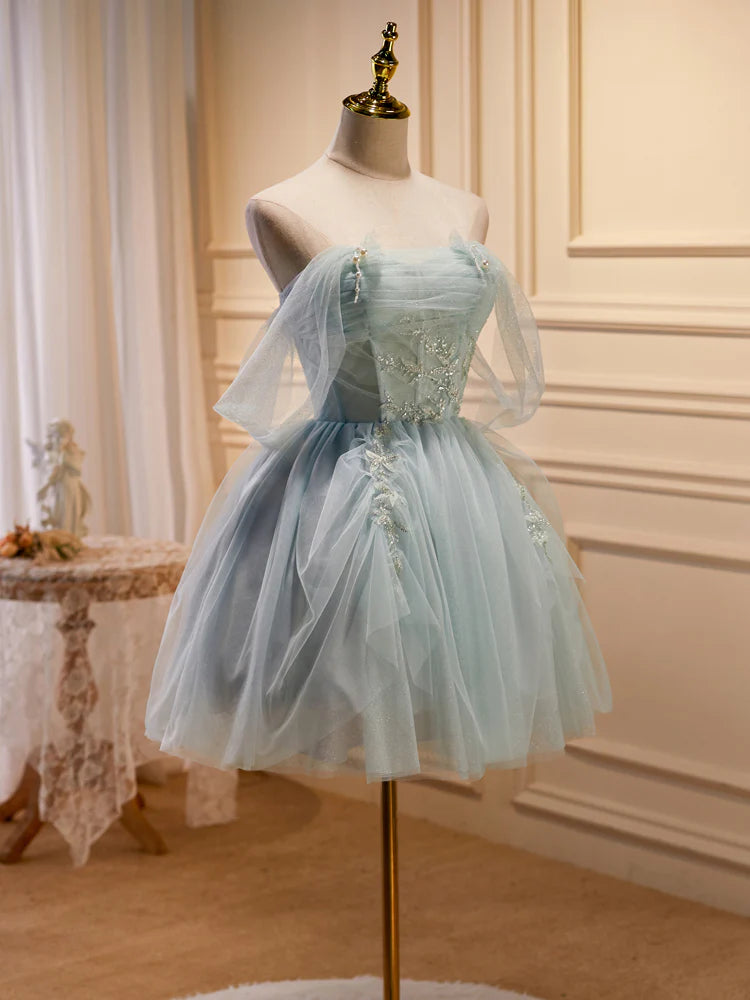 Green Tulle Beaded Short Prom Dress, Cute Off Shoulder Homecoming Dress nv1587
