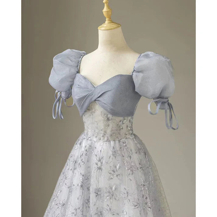 Cute Floral Print Long Prom Dress A-Line Puff Sleeve Blue Party Dress Graduation Dress Evening Gown nv1860