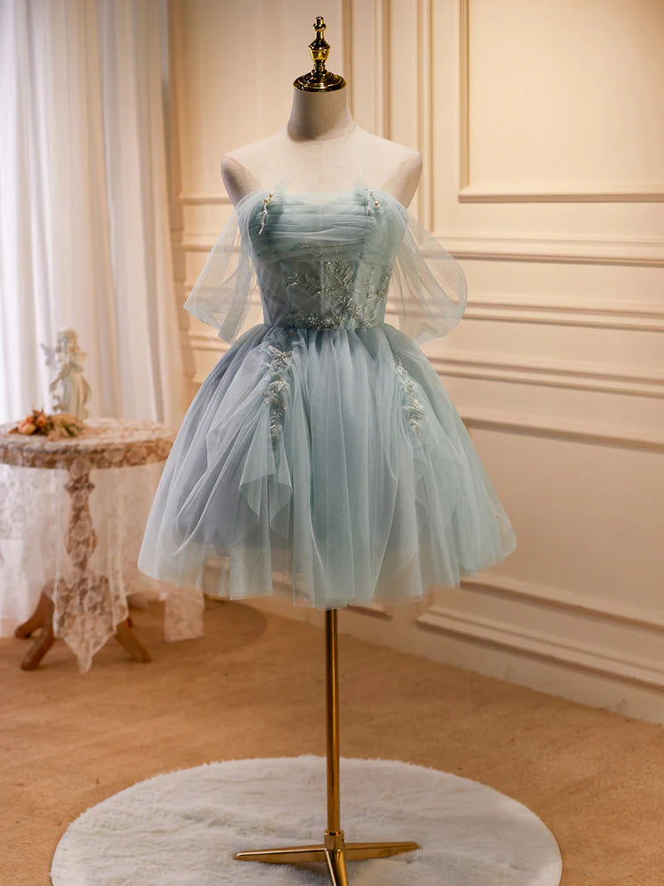 Green Tulle Beaded Short Prom Dress, Cute Off Shoulder Homecoming Dress nv1587