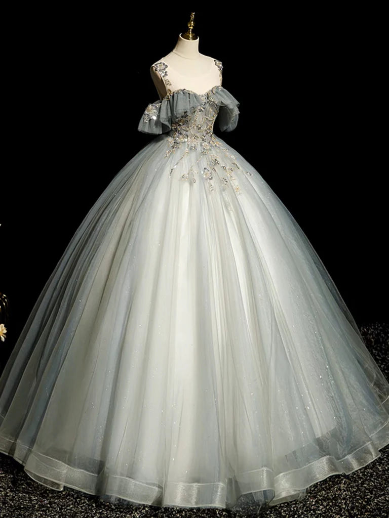 A-Line Round Neck Tulle Gray Blue Long Prom Dress, Tulle Sequin Lace Long Evening Dress nv1495