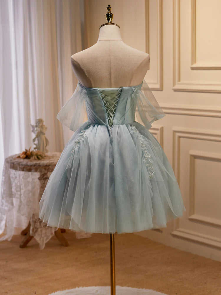 Green Tulle Beaded Short Prom Dress, Cute Off Shoulder Homecoming Dress nv1587