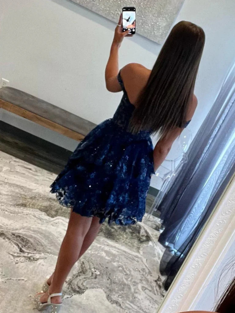 Off Shoulder Navy Blue/Burgundy/White Lace Prom Dresses, Navy Blue/Burgundy/White Lace Homecoming Dresses, Short Off the Shoulder Formal Graduation Evening Dresses nv1486