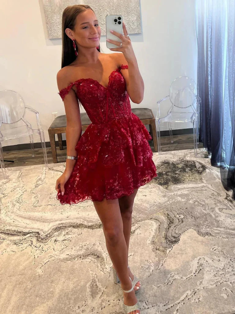 Off Shoulder Navy Blue/Burgundy/White Lace Prom Dresses, Navy Blue/Burgundy/White Lace Homecoming Dresses, Short Off the Shoulder Formal Graduation Evening Dresses nv1486