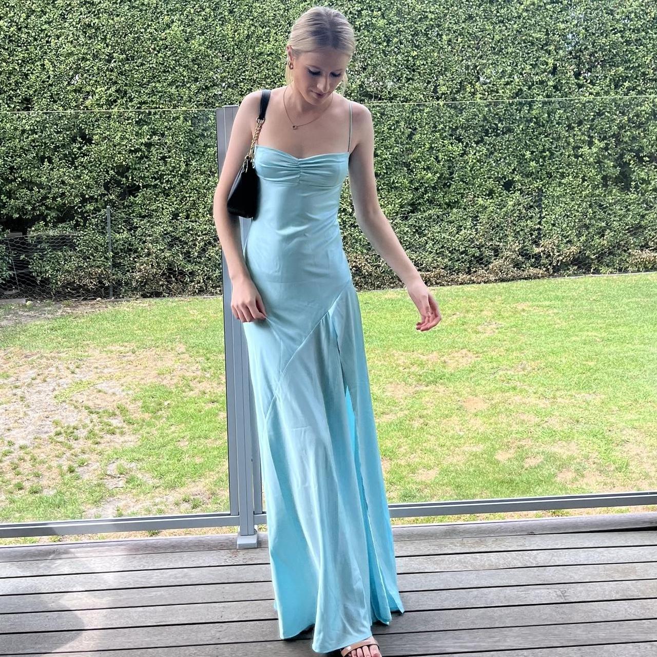 Blue simple elegant spaghetti straps long side slits slim fit ball gown evening dress party dress nv1640