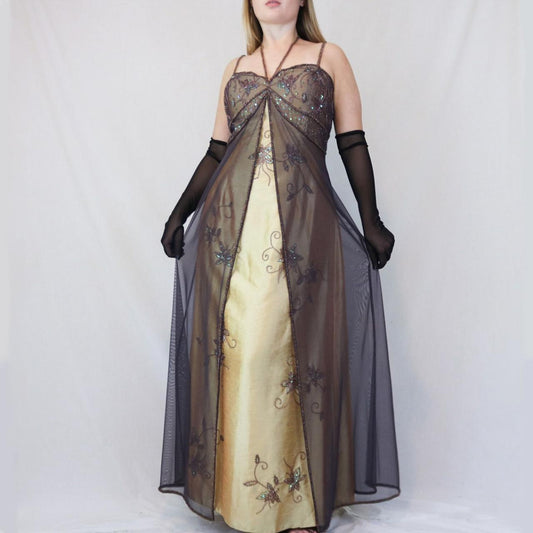 ✨ Empire Dress Vintage Gold Floral Glitter Ombre Beaded High Waist Long Tulle Formal Prom Dress Evening Gown Party Dress nv4983