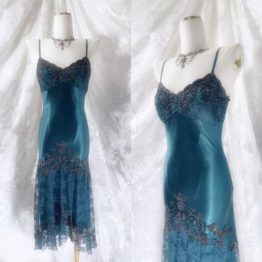 Stunning blue exquisite beaded spaghetti strap long chiffon retro dress prom dress nv5412
