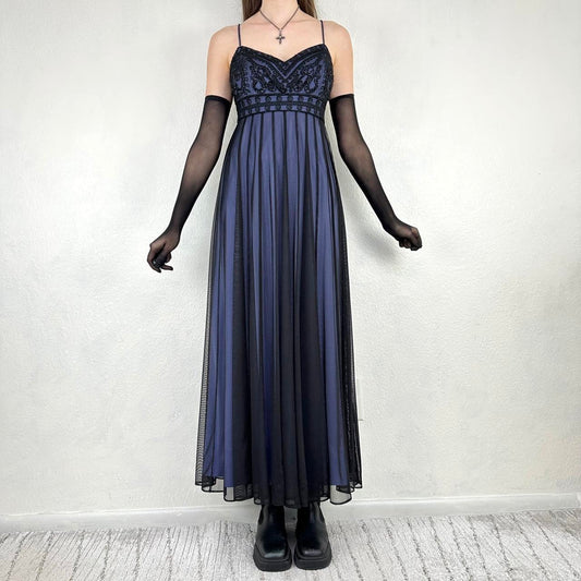 Vintage black and blue gothic vampire beaded embroidery long chiffon formal dress ball gown empire dress nv5404
