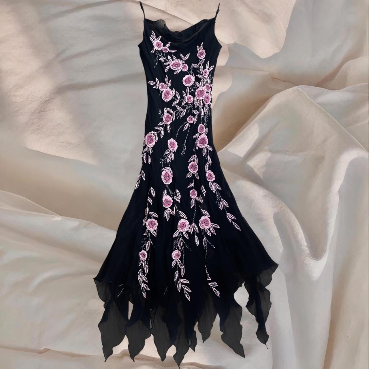 Black gorgeous pink floral beaded asymmetric midi prom ball gown evening gown party dress nv4577