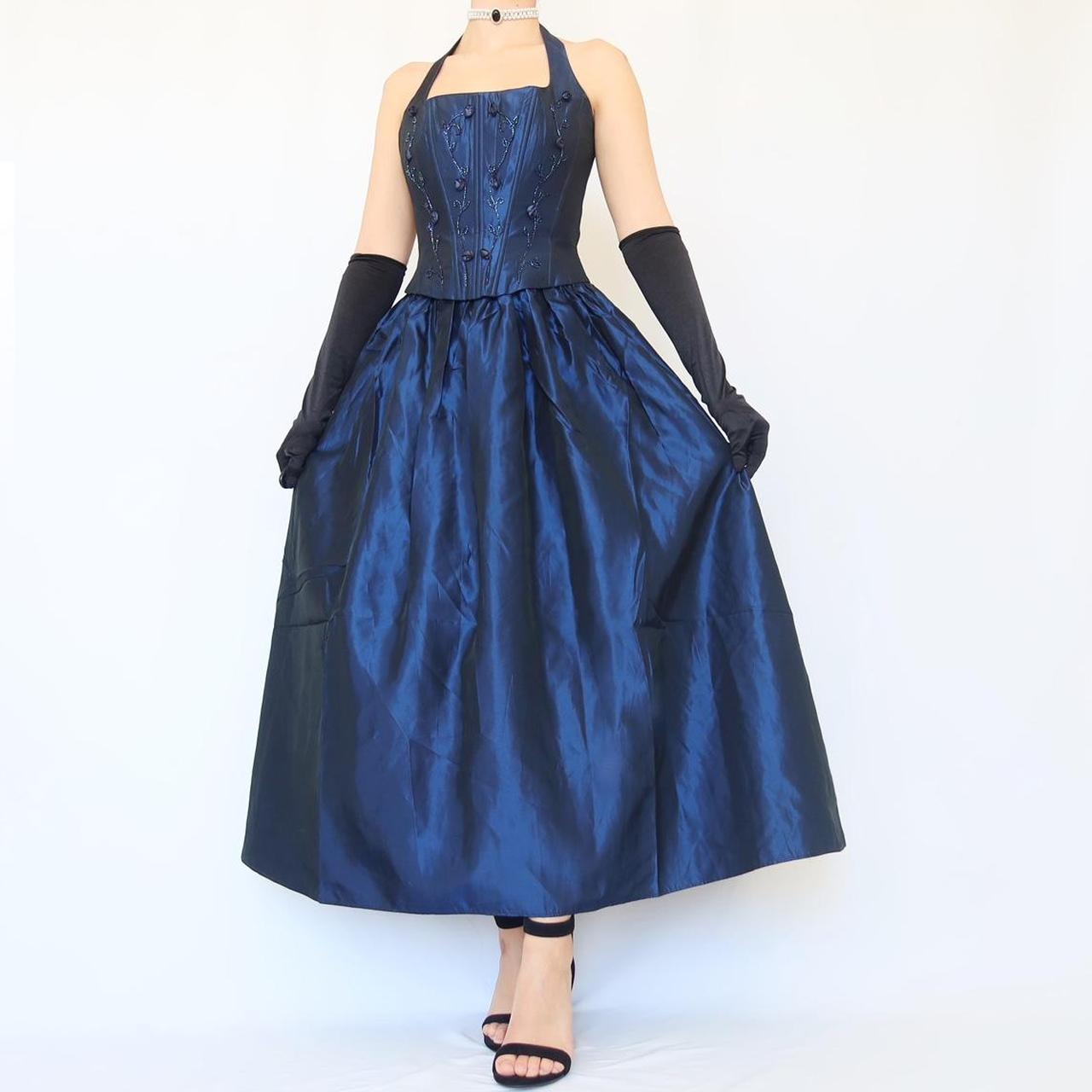 Blue Vintage Elegant Delicate Floral Beading Square Neck Halter Long Satin Fairy Ball Gown Evening Dress Birthday Party Dress Prom Dress nv4002