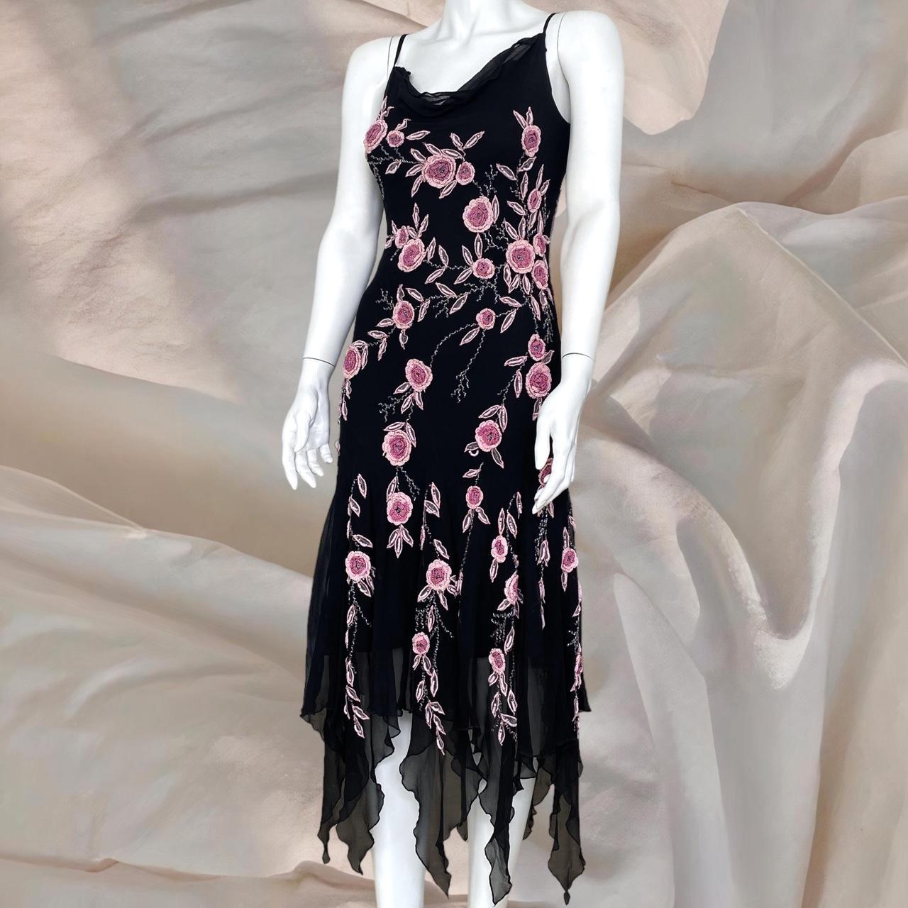 Black gorgeous pink floral beaded asymmetric midi prom ball gown evening gown party dress nv4577