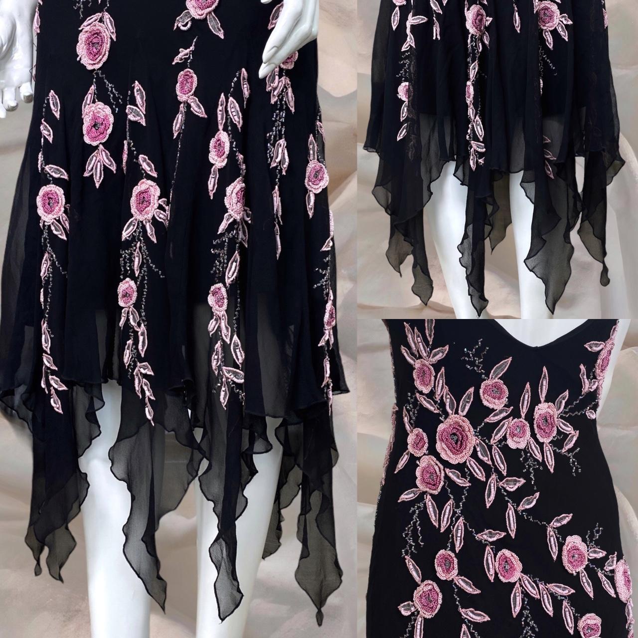 Black gorgeous pink floral beaded asymmetric midi prom ball gown evening gown party dress nv4577