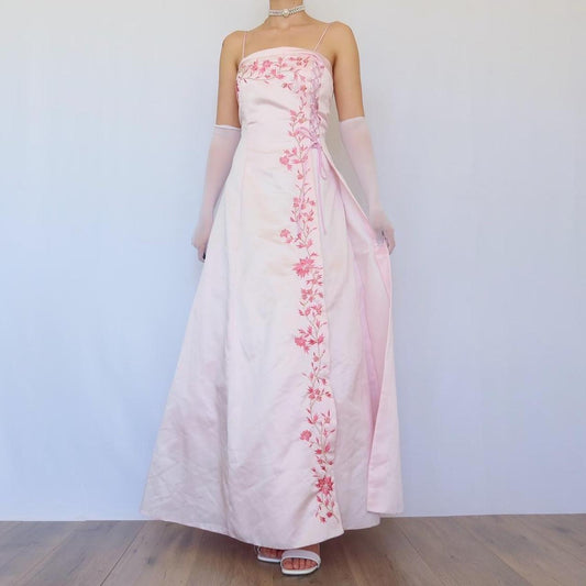 NiceVestidos-Fairy dress. Vintage dress, exquisite floral dress, pink vintage floral long satin dress Nv5631