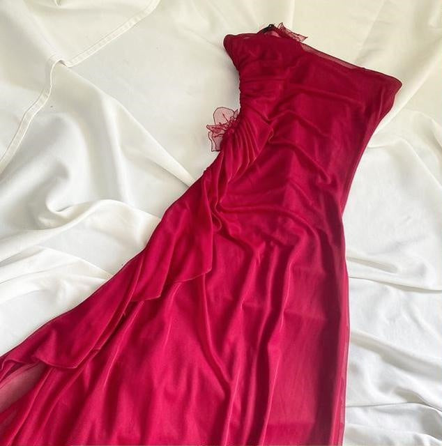 Dark pink elegant floral long chiffon birthday dress prom dress party dress homecoming dress nv4529