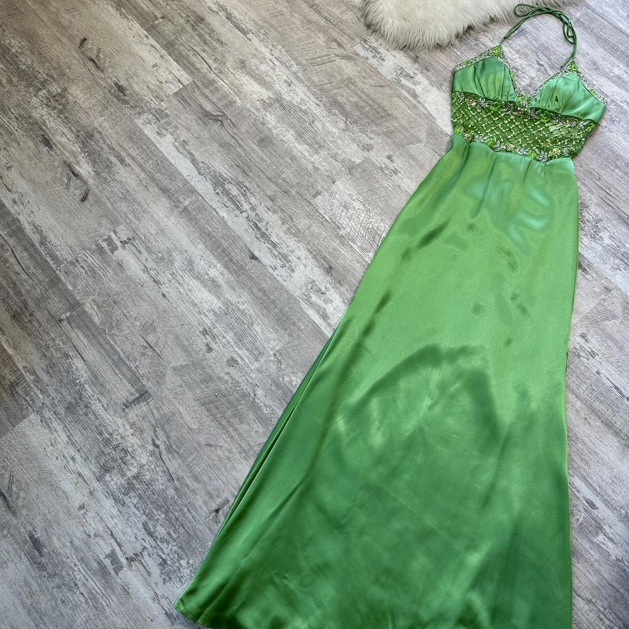 Green Beaded Shiny Elegant Long Satin Ball Gown Evening Gown Party Dress nv4562