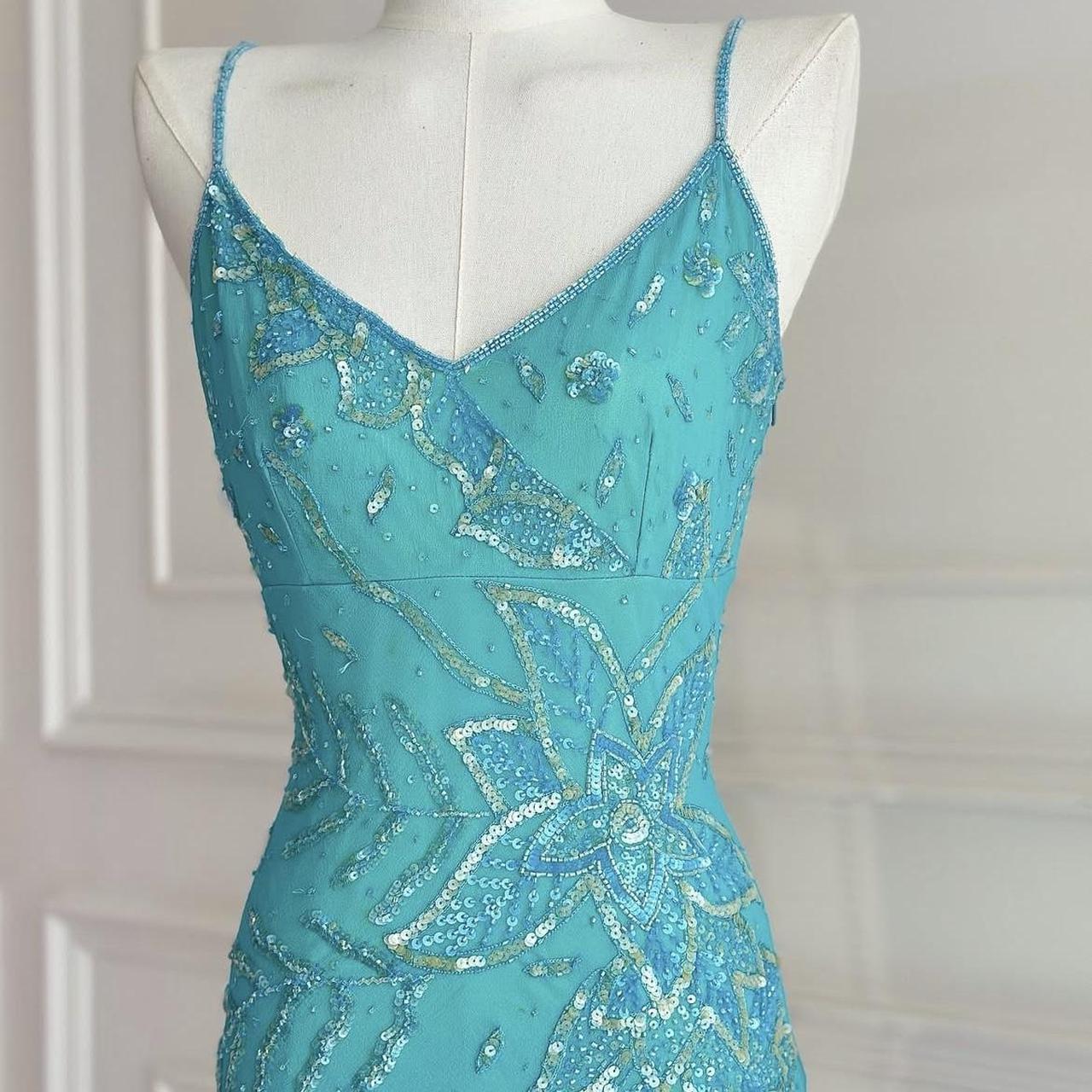Turquoise homecoming dress vintage y2k fairy boho floral beaded sequin embroidery midi chiffon suspender dress prom dress evening gown party dress nv4411