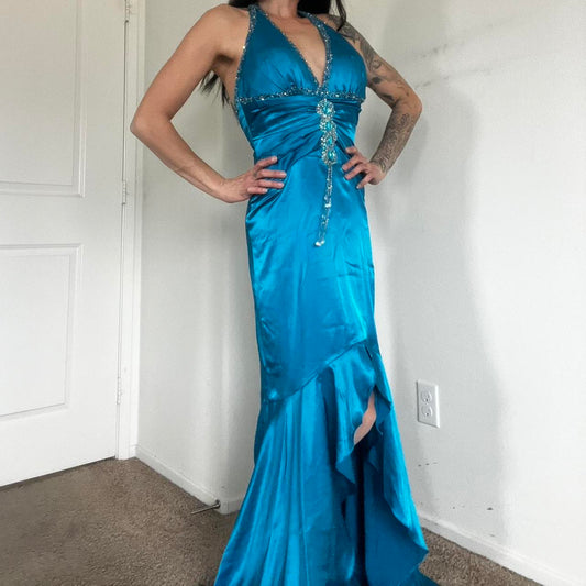 Blue Vintage Rhinestone Halter Neck Long Satin Prom Gown Evening Dress Party Dress nv4664