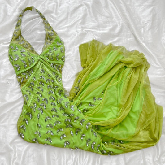 Green Beaded Floral Long Chiffon Prom Dress Fairy Gown nv5193