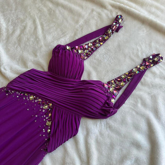 Purple Beaded Long Satin Ball Gown Evening Dress Party Dress Wedding Guest Dress nv4483