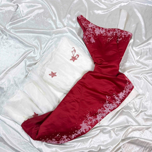 White/Red Delicate Floral Satin Tulle Ball Gown 90s Long Prom nv5372