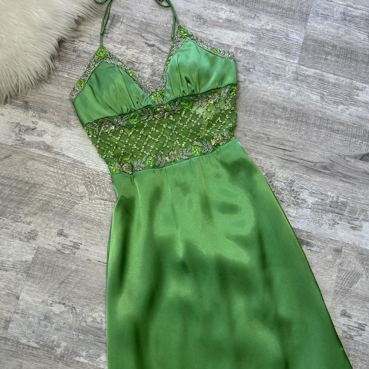 Green Beaded Shiny Elegant Long Satin Ball Gown Evening Gown Party Dress nv4562