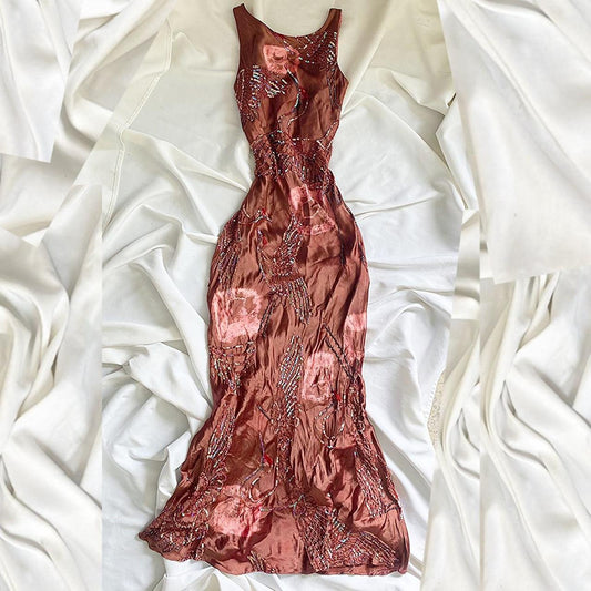 Brown Beaded Elegant Long Satin Birthday Dress Prom Dress Party Dress Homecoming Dress nv4530