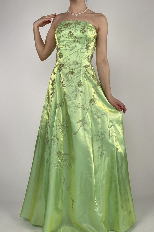 NiceVestidos-Green exquisite beaded long satin fairy gown ball gown y2k vintage dress nv5441
