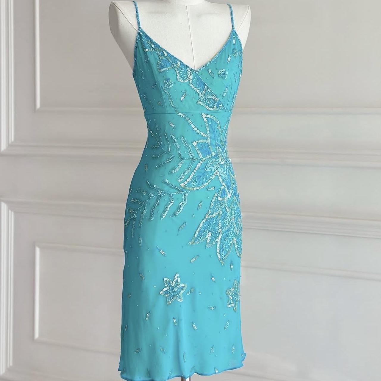 Turquoise homecoming dress vintage y2k fairy boho floral beaded sequin embroidery midi chiffon suspender dress prom dress evening gown party dress nv4411