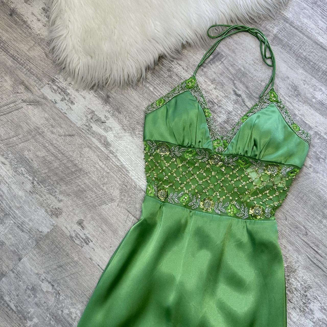 Green Beaded Shiny Elegant Long Satin Ball Gown Evening Gown Party Dress nv4562