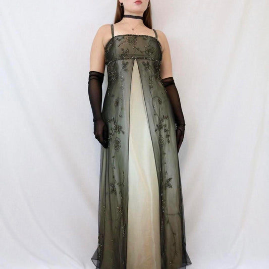 ✨ Empire Dress Vintage Green and Gold Floral Glitter Ombre Beaded High Waist Long Tulle Formal Prom Dress Evening Gown Party Dress nv4982