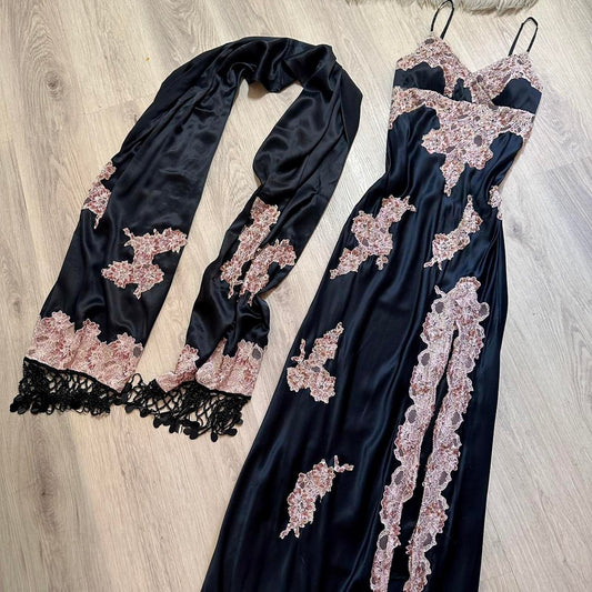 NiceVestidos-Black beautiful exquisite lace long satin formal prom dress nv5449