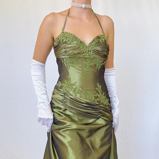 NiceVestidos-Green delicate floral applique vintage long satin gown evening dress Nv5633