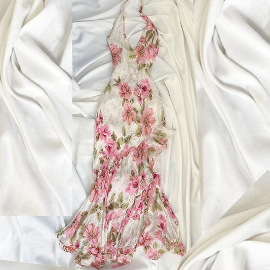 Pink Floral Elegant Long Chiffon Party Dress Evening Gown Prom Dress nv4599