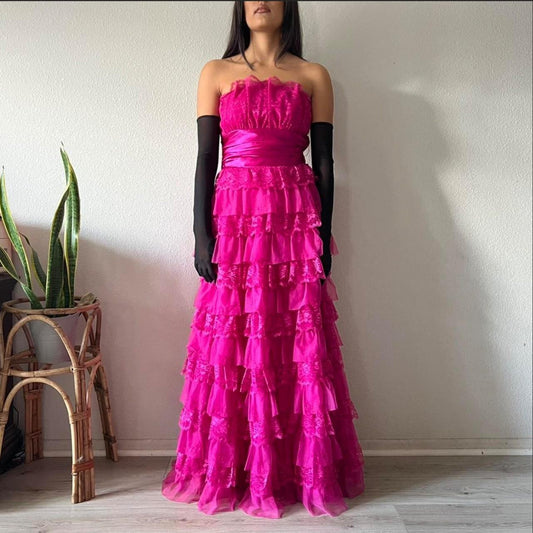 Pink Elegant Fashion Long Exquisite Lace Layered Princess Lace Ruffle prom dress Evening Dress Party Dress nv3747