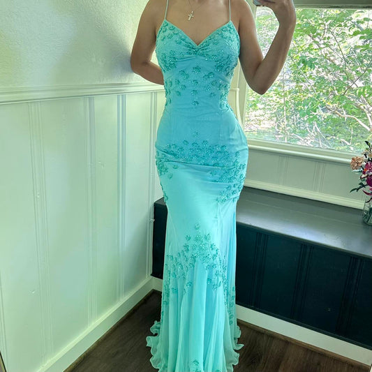 Blue gorgeous exquisite beaded long chiffon ball gown evening dress party dress nv4615