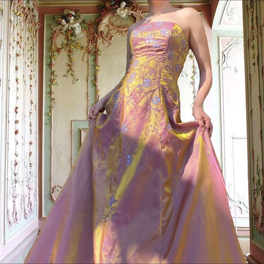 NiceVestidos-Pink exquisite beaded long satin fairy gown ball gown y2k vintage dress nv5442