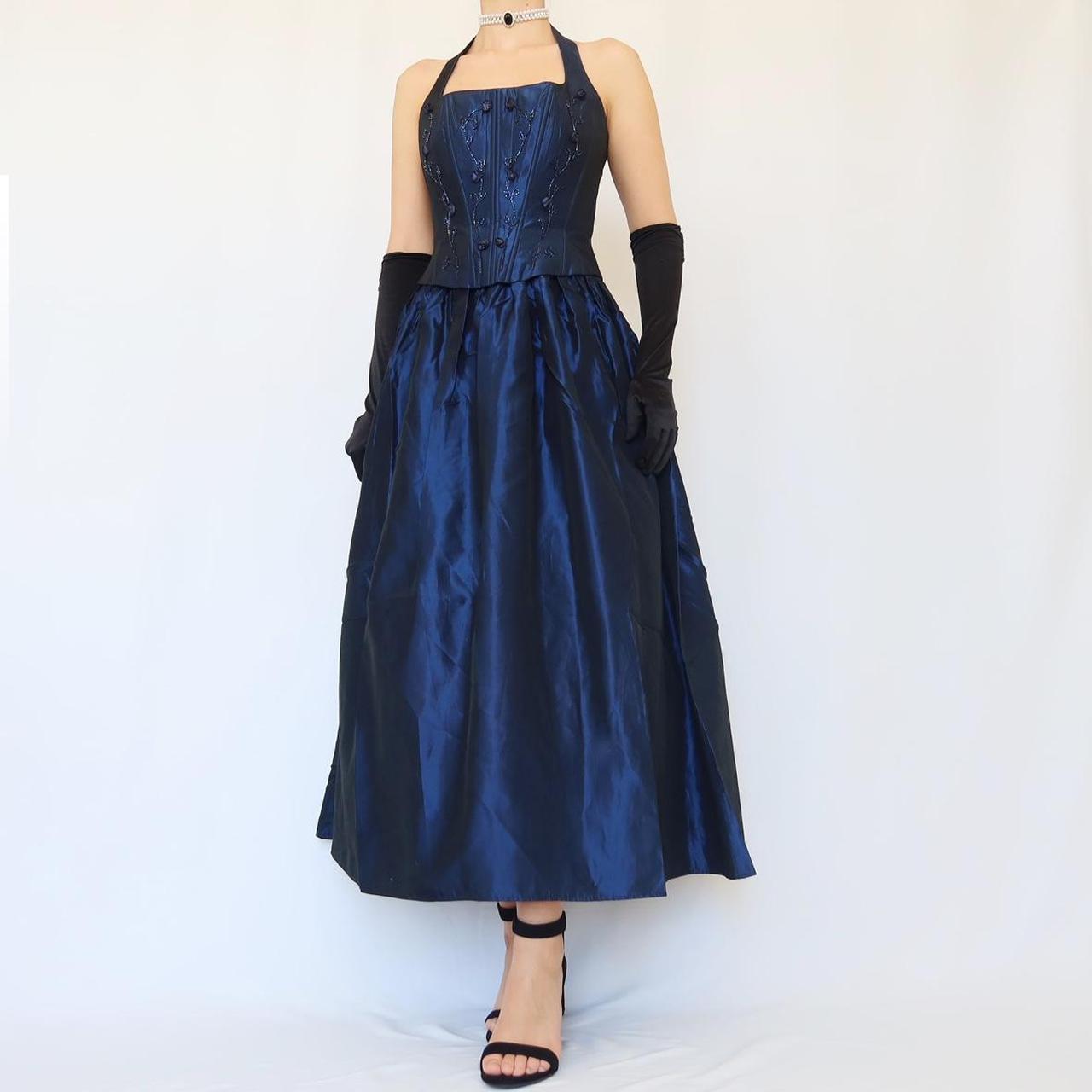 Blue Vintage Elegant Delicate Floral Beading Square Neck Halter Long Satin Fairy Ball Gown Evening Dress Birthday Party Dress Prom Dress nv4002