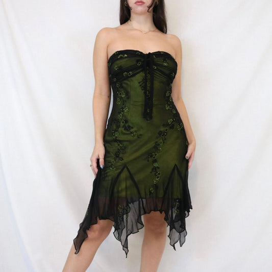 ✨💚Vintage Beaded Green Fairy Long Chiffon Mini Formal Homecoming Dress Birthday Party Dress nv4991