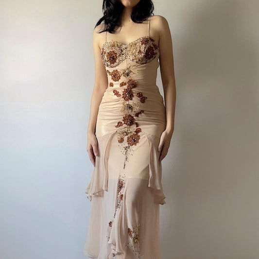 Romantic light brown hand-beaded floral chiffon prom dress nv5363
