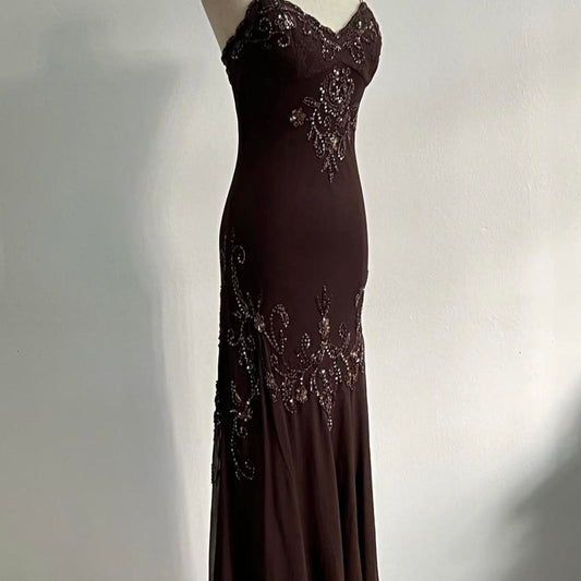 🧚🏼♂️Rare vintage y2k fairy bohemian brown lace beaded sequin floral embroidery maxi dress elegant ball gown evening gown party dress nv4408